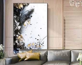 Large Gold Leaf Abstract, Textured Wall Art, Black White Painting, XL Canvas for Luxury Modern Home Wall Decor by JuliaApostolova