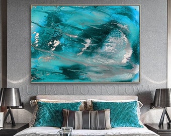 Turquoise Painting Teal Abstract Art Canvas Print with Teal Silver Movement for Modern Wall Decor Bedroom Living Room Art by JuliaApostolova