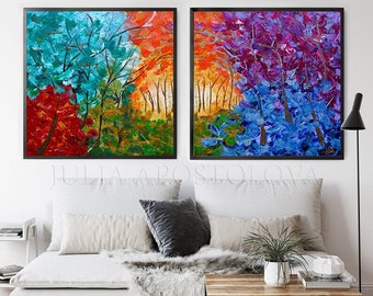 Colorful wall Art, Forest wall art, bright wall art, maximalist decor, eclectic wall art, set of 2 large abstract hand textured canvas art