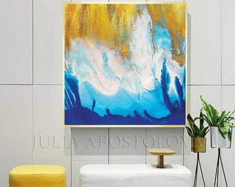 Gold White and Blue Large Wall Art Watercolor Painting Gold Leaf Print Contemporary Art Abstract Canvas Art Seascape ''Pacific Coast''