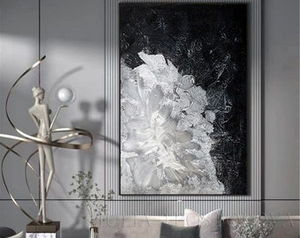 Large Minimalist Abstract Contemporary Painting Black Silver Moon Flower Art Large Modern Metallic Texture Minimal Wall Art Canvas Artwork