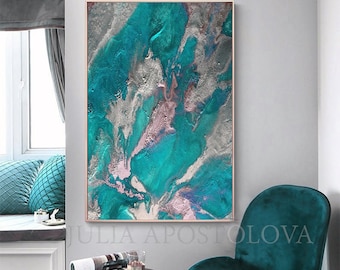 Teal Silver Wall Art Earth Abstract Painting, Marble Wall Art Decor, Turquoise Silver Art Modern Embellished Canvas Print 'Earth From Above'