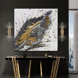 Black White Gold Leaf Art, ORIGINAL PAINTING, Abstract Painting, Gold Silver Leaf Art Extra Large Art Contemporary Art Luxury Wall Art Decor image 4