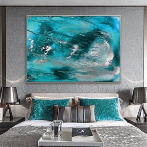 Teal Abstract Art, Turquoise Painting, Teal Silver Canvas Art Print, for Modern Wall Decor, Coastal Living Room Decor, by Julia Apostolova image 3