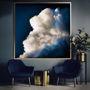 Dark Blue Wall Art Cloud Painting Minimalist Art Extra Large Abstract Canvas Print Gift for Him Navy Blue Nordic Decor for Very Large Spaces