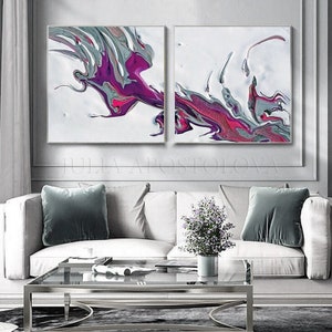 Large Abstract Canvas Art Modern Wall Art Print Set in White Purple Elegant Living Room Decor image 1