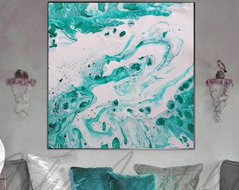 Maldivian Dream - Ready to Hang, Turquoise and White, Abstract Painting, Large Wall Art Canvas, Marble Wall Art, White Teal Wall Art Decor