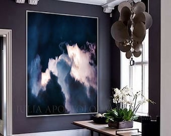 Cloud Painting of Storm Clouds Large Cloud Wall Art Abstract Painting of Dark Sky Indigo Wall Decor for trendy living room home decor