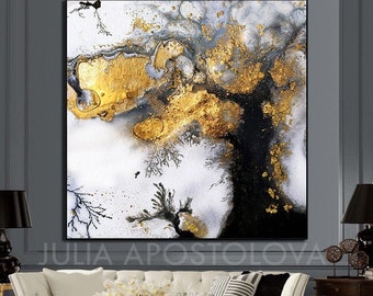 45'', White Gold Black Watercolor Goldleaf Canvas Painting Modern Gold Leaf Art for Luxury Interior "Golden Awakening" by Julia Apostolova