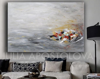 Grey Wall Art,Oversized Painting, Silver Gold Copper Original Artwork, Minimalist Abstract, Huge Wall Art Original Painting,Julia Apostolova