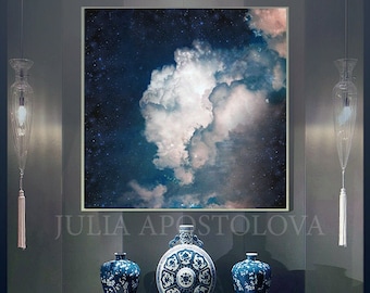 Navy Blue Cloud Painting, Galaxy Watercolor, Dark Blue Wall Art Canvas Print, Clouds and Stars, Celestial Scandinavian Decor, Large Abstract
