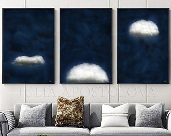 96'', Dark Blue Wall Art, Cloud Painting Print, Minimalist Canvas Art for Modern Decor, Set of 3 Clouds Painting, Trending Art, Blue Sky Art