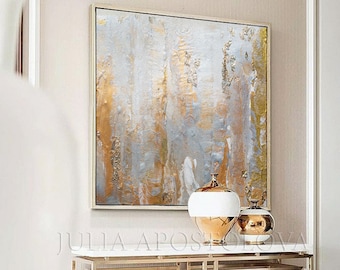 Gray Gold Wall Art, Gold Leaf Original Painting, Neutral Minimalist Painting with Floating Frame, Elegant Abstract Art for Modern Home Décor