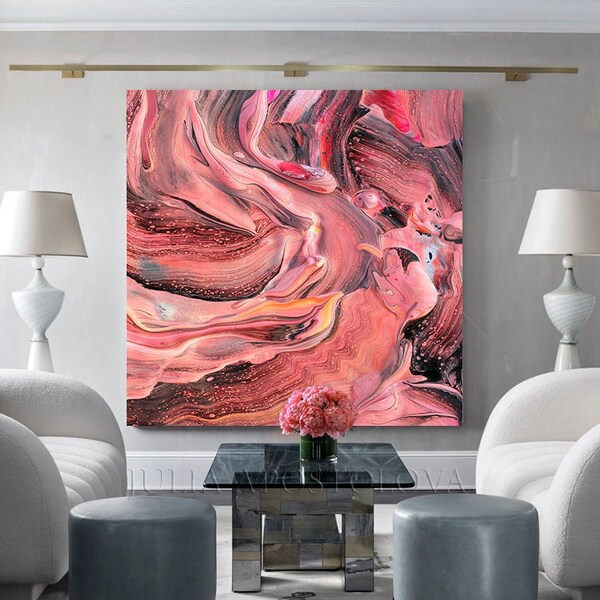 120 cm, oeuvre d'art rose poudré, peinture abstraite, peinture rose saumon impression grand art corail, cadeau idéal pour elle, déco murale colorée par Julia