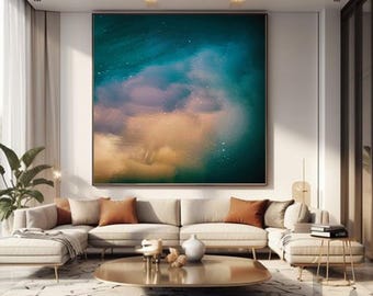 Teal Wall Art Framed Abstract Painting - Extra Large Canvas Print ''Celestial Fragrance'' - ideal for every interior, boho living room decor