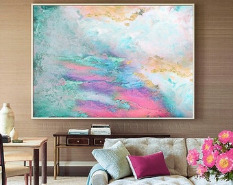 Extra Large Wall Art, Turquoise Pink Gold Leaf Abstract Art, Large Abstract Painting, for boho wall decor, ''Azure Gem'' by Julia Apostolova