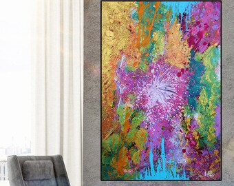 Contemporary Art, Abstract Painting, Colorful Canvas Wall Art, Purple and Gold, Rainbow Art, Textured Art Vertical Painting, JuliaApostolova