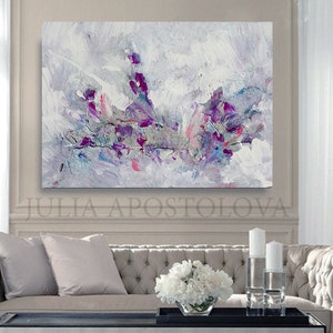 Minimalist Painting Floral Abstract Wall Art White Purple and Silver Landscape ART Gift for Her 'Morning Glory'' by Artist Julia Apostolova image 2