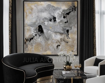 Watercolor Abstract Painting, Contemporary Gold Leaf Canvas, Huge Wall Art, Gold Black Decor, Luxurious Artwork 'Milky Way' Julia Apostolova