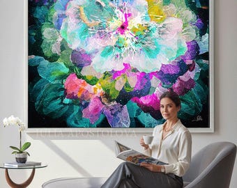 Oversized Abstract Painting - Colorful Wall Art Decor ''Celestial Floral Bouquet'' by artist Julia Apostolova