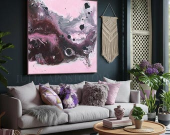 Pink Black Canvas Art: Large Abstract Painting Print, Modern Boho Wall Decor