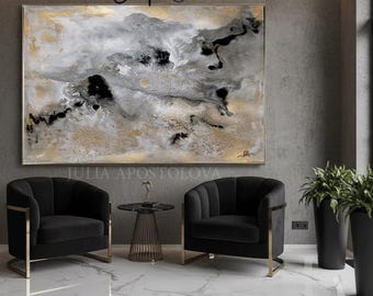 Rectangle Wall Art, Gold Leaf Abstract Canvas, Large Watercolor Contemporary Painting, Gold and Black Gray Decor, by Julia Apostolova