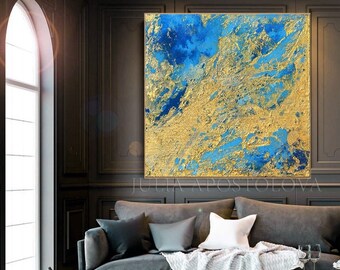 45'' Gold Turquoise Art Gold Leaf Painting Blue Gold Wall Art Print from Original Abstract Painting Large Wall Art Decor by Julia Apostolova