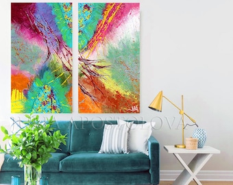 Colorful Art Abstract Painting Large Print on Canvas Diptych Modern Art Peacock Painting Green Abstract Art Purple Turquoise Art Home Decor