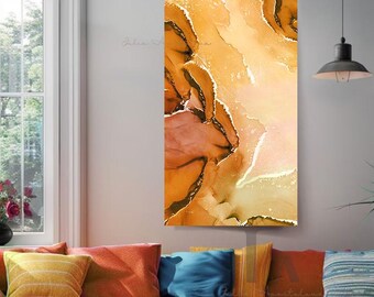 オレンジと黒の抽象墨絵作品 オレンジ色の抽象水墨画 オレンジ色の抽象