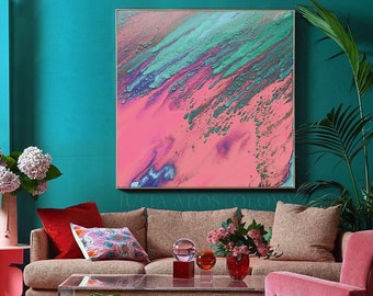 Pink Teal Wall Art, Abstract Canvas Print from Original Painting 'Romantic Dream', Soft Pastel Art by Julia Apostolova, Unique Gift for Her