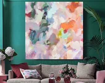 Soft Berry Pink Wall Art, Abstract Floral Painting, Modern Blush Decor, Large Canvas Print, Gift for Her, by Julia Apostolova