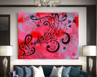 Abstract art music notes print on large canvas from Original Music Painting, pink black art wall decor, abstract music print, Gift for Her
