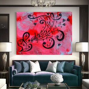 Abstract art music notes print on large canvas from Original Music Painting, pink black art wall decor, abstract music print, Gift for Her image 1