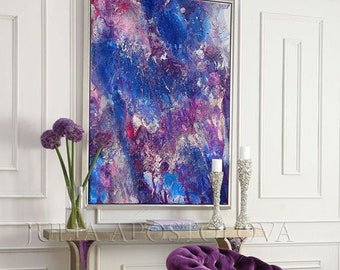 Large Print, Blue Purple, Abstract Painting, Blue Art, Lilac Painting, Silver, Modern Wall Art, Blue Home Decor, Living room Art