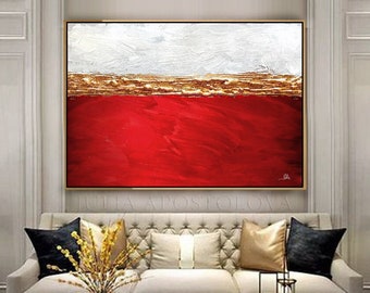 Minimalist Wall Art Japandi Wall Art Red Textured Art, Original Relief Painting Handmade Wabi Sabi Art, 3d Plaster Red White Gold Wall Decor