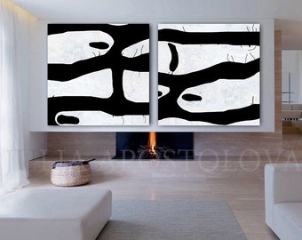 Black White Painting Set of 2 Wall Art Minimalist Art Abstract Painting for Trend Wall Decor Large Contemporary Wall Art with brush strokes