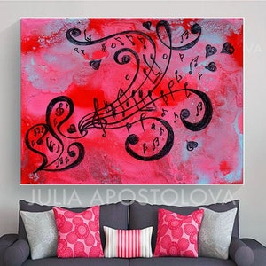 Abstract art music notes print on large canvas from Original Music Painting, pink black art wall decor, abstract music print, Gift for Her image 3