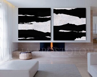 Pair of Abstract Black White Paintings, Modern Art Set, Large Wall Hangings, Contemporary Home Decor, Unique Gift for Him, Minimalist Art