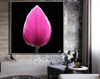 Pink Tulip Nature Print, Contemporary Floral Wall Decor, Elegant Black Purple Art for Modern Home