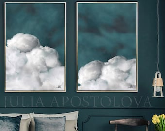 Set of 2 Cloud Art, Large Cloud Painting on Canvas, Teal Cloud Art Minimalist Print, READY TO HANG Cloud Wall Art Set by Julia Apostolova