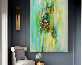 Abstract Green Oil Painting on Canvas, Original Green Minimalist Art, Large Wall Art, Texture Painting, Boho Wall Decor Living Room