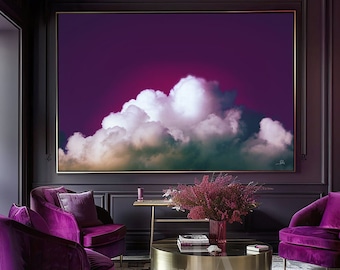 Lila himmel, fluffiga moln, himmelsk målning - Extra stor canvas abstrakt moln väggkonsttryck för modern trendig inredning av Julia Apostolova