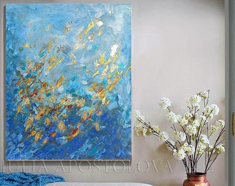 Blue Gold Wall Art Gold Leaf Painting Large Wall Art Abstract Original Painting ''Winter Waltz'' by Julia Apostolova