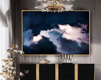 Clouds Aesthetic, Night Sky and Stormy Cloud, Indigo Blue Wall Art, Cloud Painting Print Abstract Painting, Clouds at Night, Large Cloud Art