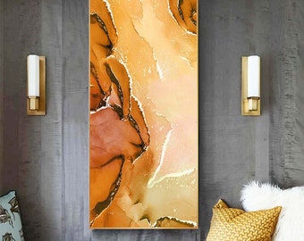 70'', Long Thin Painting, Tall Narrow Canvas, Vertical Print, Bright Orangish-Brown Gold Color Abstract, Modern Art, Gift for Her