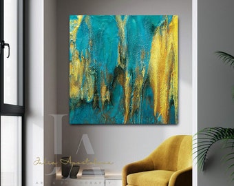 Emerald Gold Art Abstract Painting, Turquoise Wall Art, Large Teal Wall Decor, Ready to Hang Canvas with Gold Leaf,  by Julia Apostolova