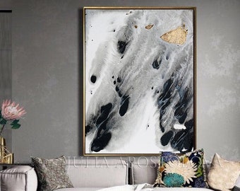 Black White and Gold Abstract Painting Gray Wall Art Gold Leaf Painting Canvas Print of Original Painting Boho Wall Art Living Room Decor