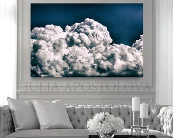 Blue Cloud Art, Cloud Painting, Navy Blue Wall Art, Cloudscape Abstract Oil Painting, Extra Large Cloud Print Art for Trendy Decor by Julia