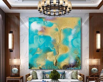 50'', Turquoise Abstract Art, Teal Gold Wall Art, Turquoise Painting, Large Canvas Art, Turquoise Gold Art, Teal Print, Wall Decor, by Julia