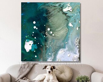 Teal Abstract Sea Painting | Large Minimalist Art for Living Room Decor | Blue Emerald Wall Art "Pacific Velvet"